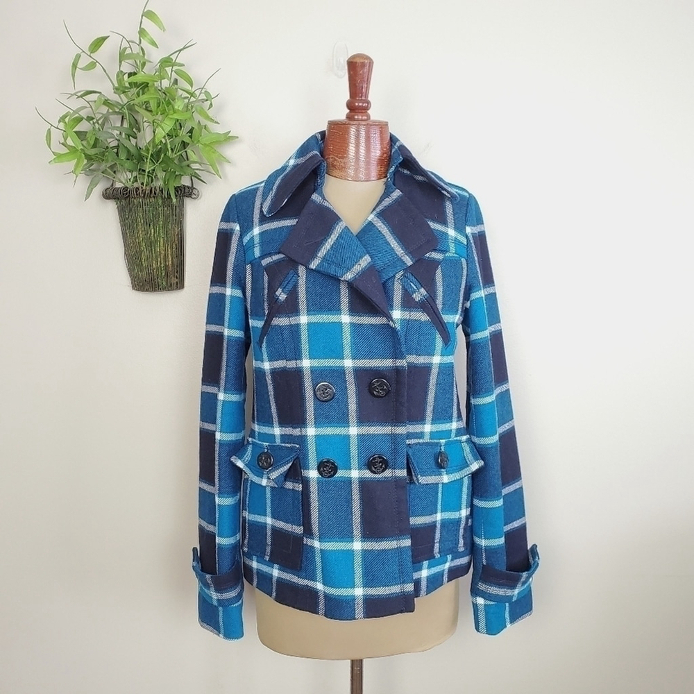 American Eagle Wool Plaid Check Double Breasted Pea Coat Peacoat Jacket AE M Y2K